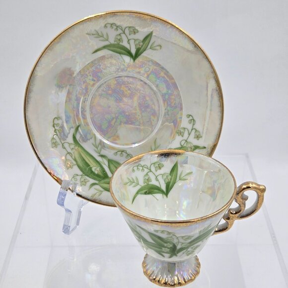 Norleans May Lily of the Valley Lusterware Cup Saucer Set Japan Footed Gold Trim - Picture 1 of 9